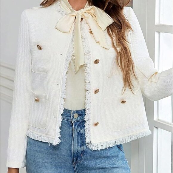 Apricot Elegant Women's Tweed Metal Button Pocket Jacket - Picture 5 of 6